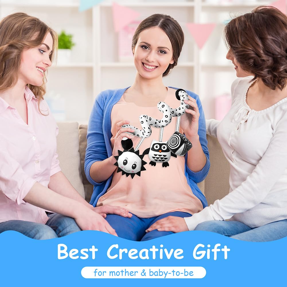 Aolso spiral owl hanging toy in black and white with ringing bell, designed for car seats and cribs as sensory activity and early education toy