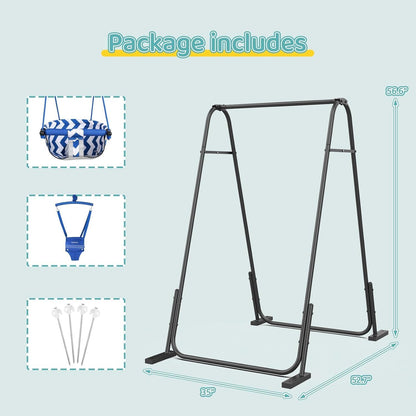 Blue Slevoo 2-in-1 baby jumper and toddler swing set with foldable metal frame, suitable for indoor and outdoor use.