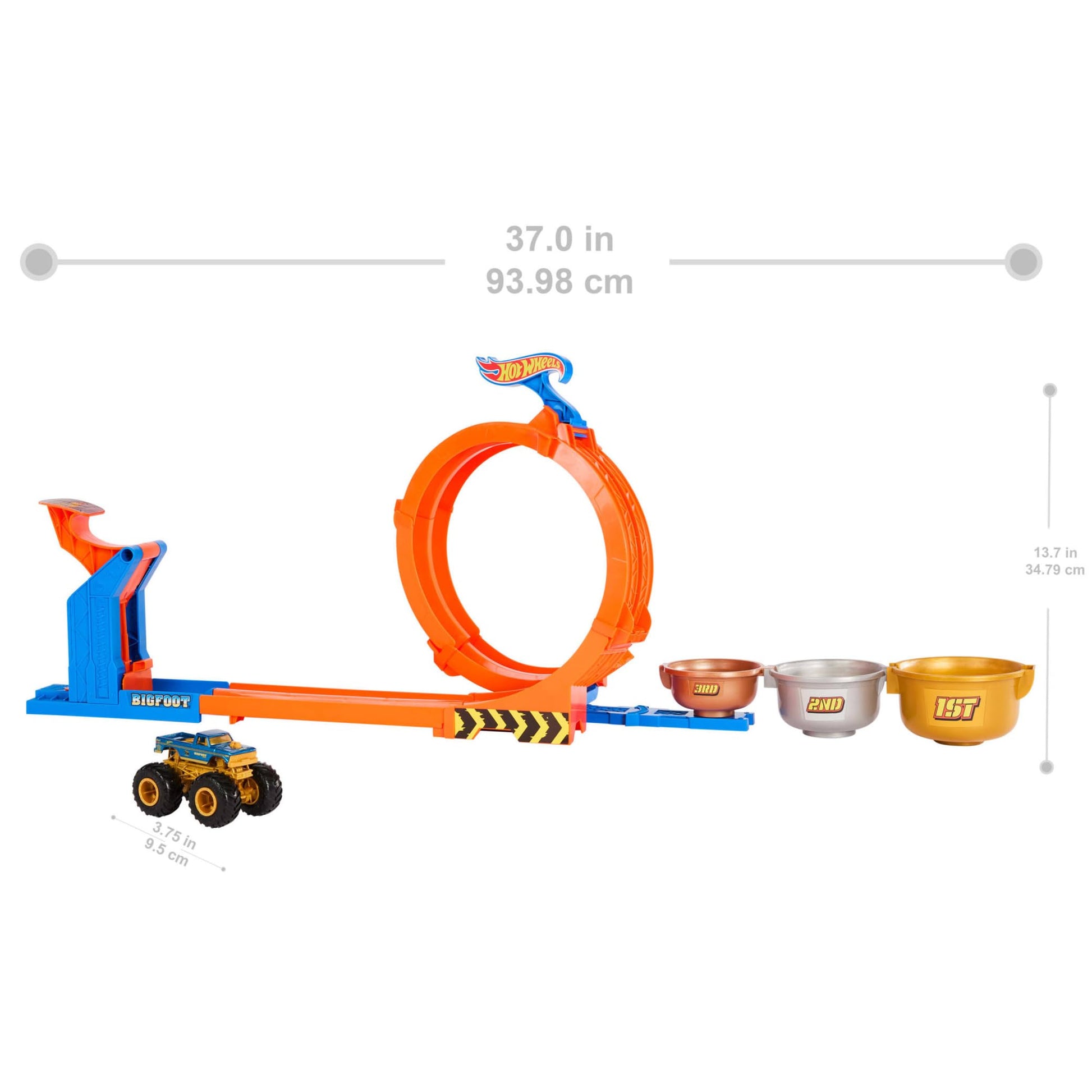 Hot Wheels Monster Trucks Loop-And-Flip Trophy Challenge Playset with Bigfoot die-cast truck in action on the track.