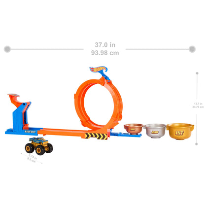 Hot Wheels Monster Trucks Loop-And-Flip Trophy Challenge Playset with Bigfoot die-cast truck in action on the track.