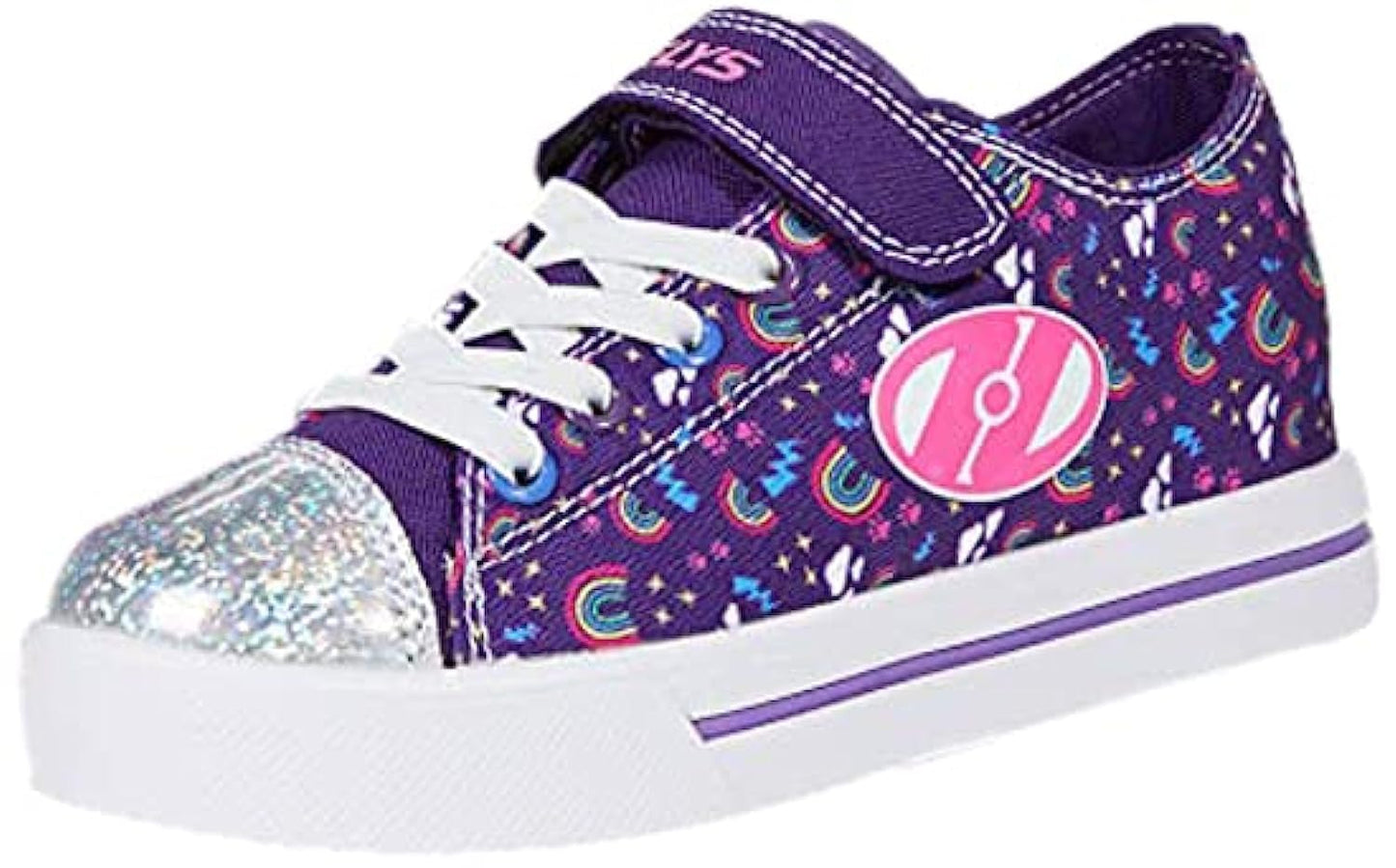 Heelys Girl's Snazzy X2 sneaker in purple with rainbow accents, featuring wheels for skating, designed for children.