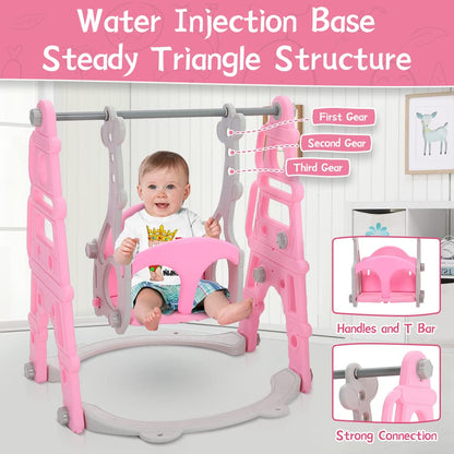 FUKEA Baby Swing Slide, 4-in-1 Toddler Slide and Swing Set with Basketball Hoop, Garden Climbing Frame, Outdoor Indoor Large Slide Swing for Toddlers Age 1-3, Kids Gift (Pink)