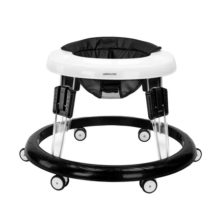 UBRAVOO adjustable baby walker with black PU seat, universal wheels, height adjustable, foldable for 6-18 months girls and boys.