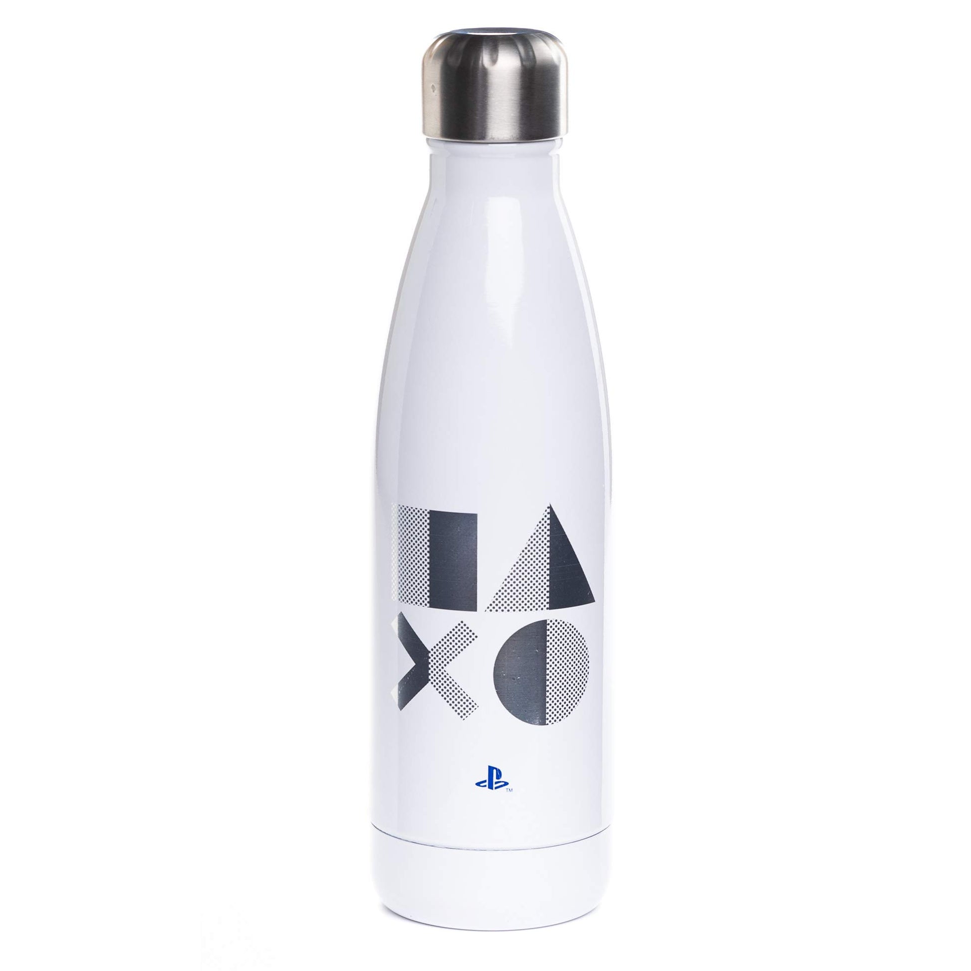 Paladone stainless steel water bottle with PlayStation 5 design, 500ml capacity, featuring sleek metal construction and gaming-themed graphics.