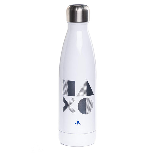 Paladone stainless steel water bottle with PlayStation 5 design, 500ml capacity, featuring sleek metal construction and gaming-themed graphics.
