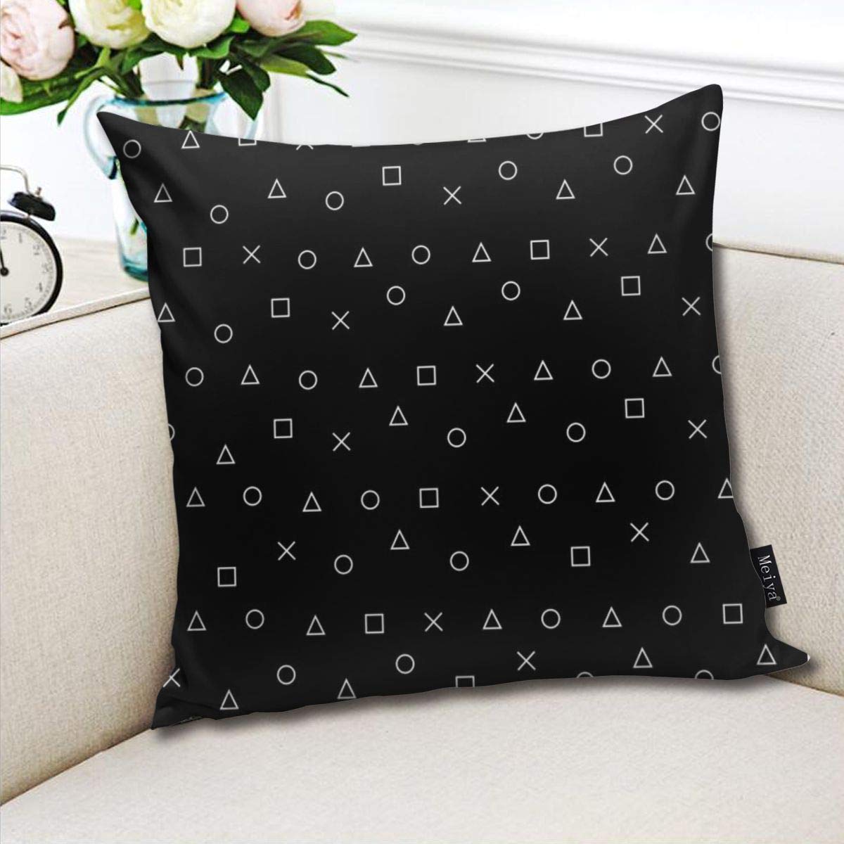 Black gamer-themed PlayStation controller symbols throw pillow cover, decorative cushion for home, couch, or bed, 18x18 inches.