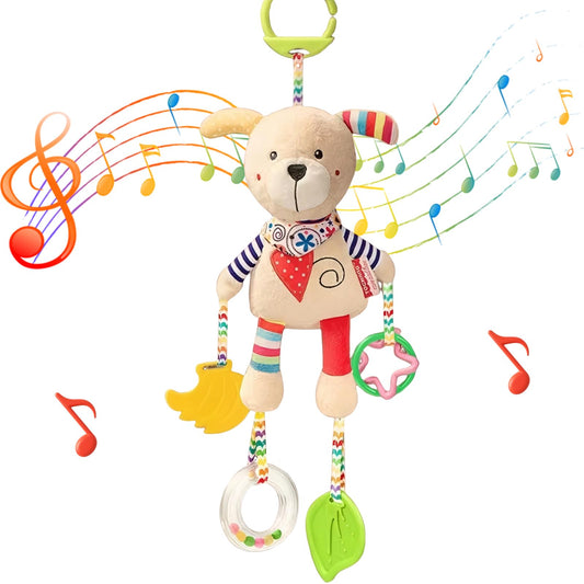 Jodsen baby pram pushchair toy featuring a soft plush cute dog, with teether clip and baby rattles for sensory development.