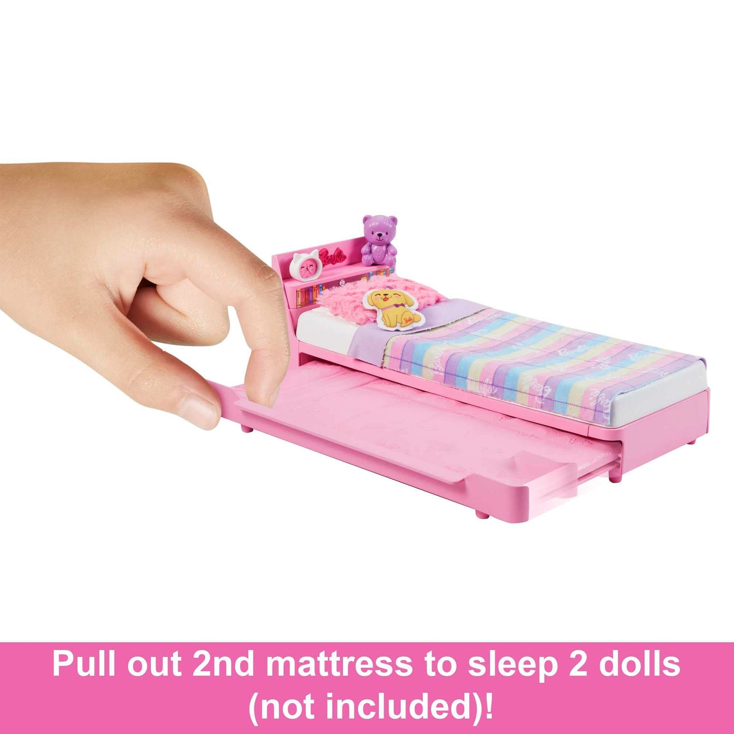 Barbie My First Bedtime Playset featuring a trundle bed, plush puppy, and accessories for preschoolers.