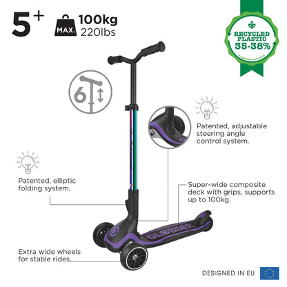 Globber Ultimum 3 wheel scooter in Neochrome with adjustable height, wide deck, and folding design for ages 5 and up.