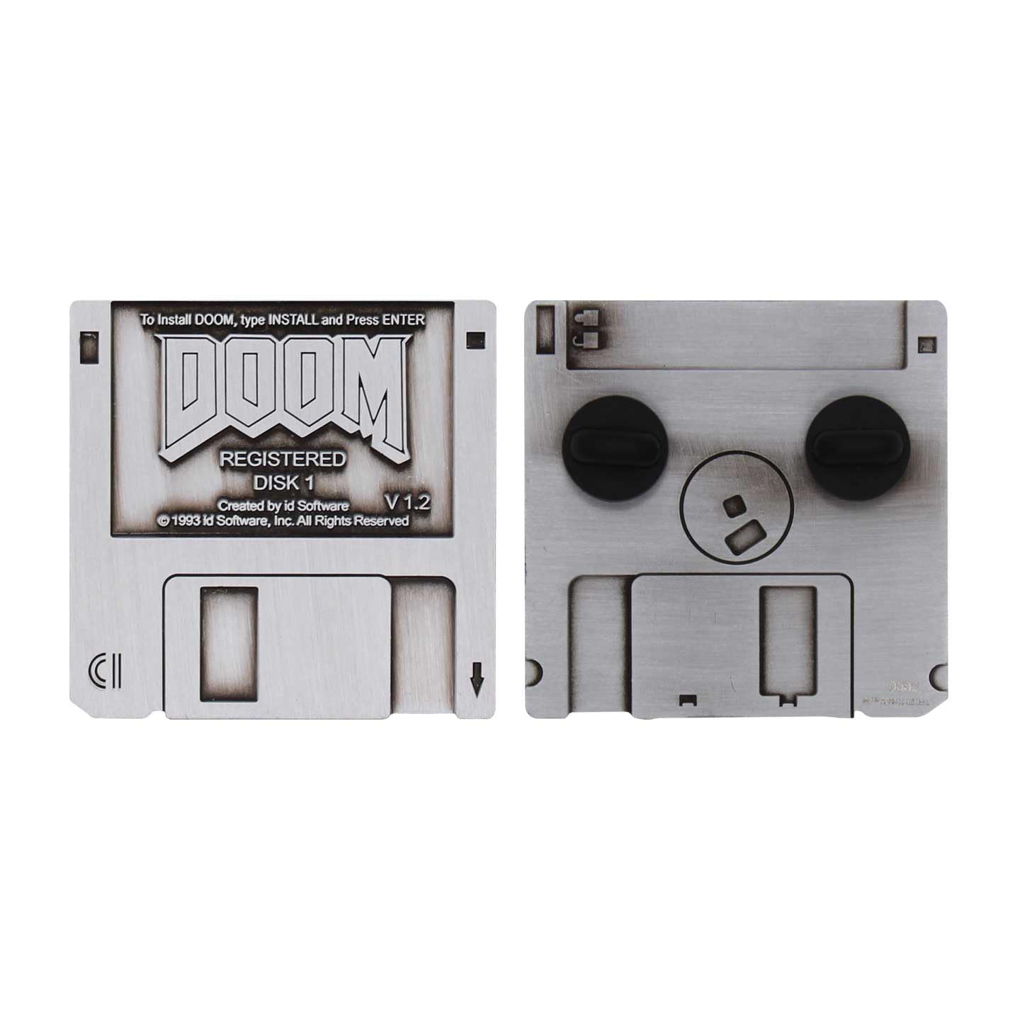 Limited edition DOOM floppy disk pin badge by FaNaTtik, featuring a detailed metal gaming collectible for fans and collectors.