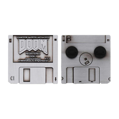 Limited edition DOOM floppy disk pin badge by FaNaTtik, featuring a detailed metal gaming collectible for fans and collectors.