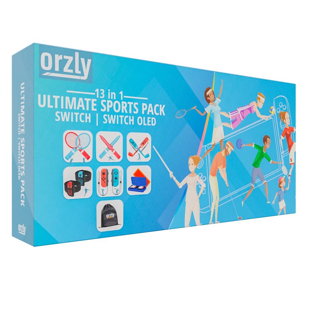 Orzly Switch Sports Games 2024 accessories bundle with tennis rackets, golf clubs, chambara swords, soccer leg straps, Joycon grips, and carry bag.