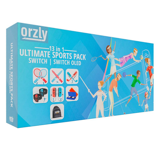 Orzly Switch Sports Games 2024 accessories bundle with tennis rackets, golf clubs, chambara swords, soccer leg straps, Joycon grips, and carry bag.