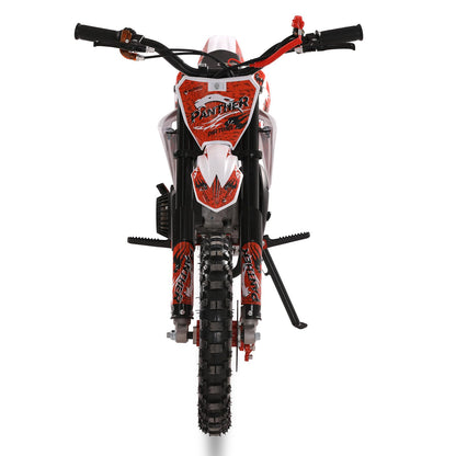 Loqifox 49cc kids dirt bike, gas-powered mini motorcycle with off-road tires and dual disc brakes, suitable for children ages 8-12.