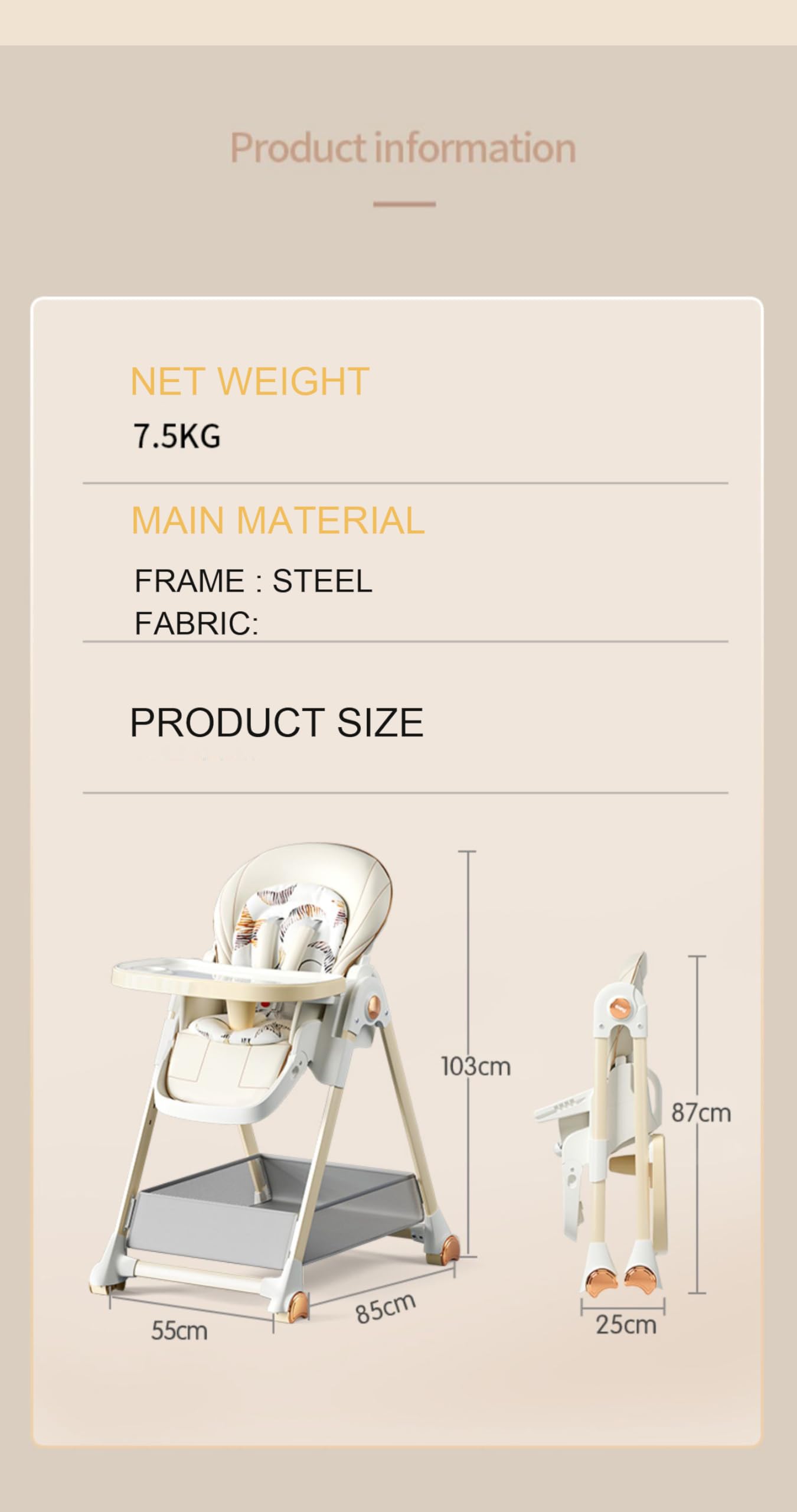 Magic ZC baby high chair with adjustable heights, reclining positions, foldable design, double trays, wheels, and white color.