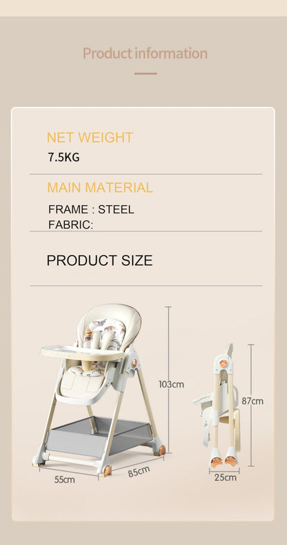 Magic ZC baby high chair with adjustable heights, reclining positions, foldable design, double trays, wheels, and white color.