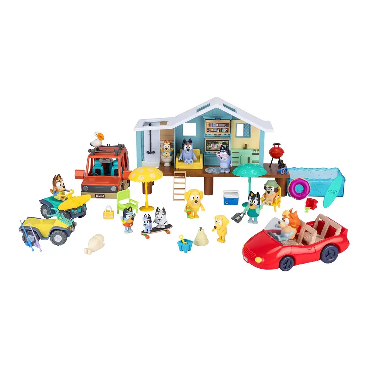 Bluey Friends & Family Beach Bash Mega Set playset with house, 45 pieces, includes stickers for kids' beach-themed fun.