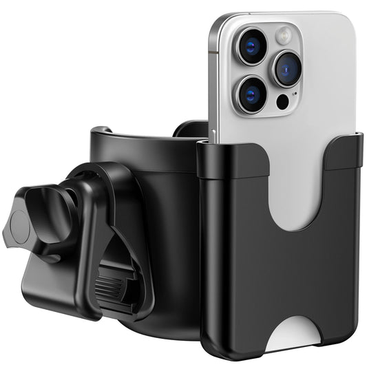 Guiseapue universal pram cup holder with phone organizer attached to a stroller frame, holding a coffee cup and smartphone.