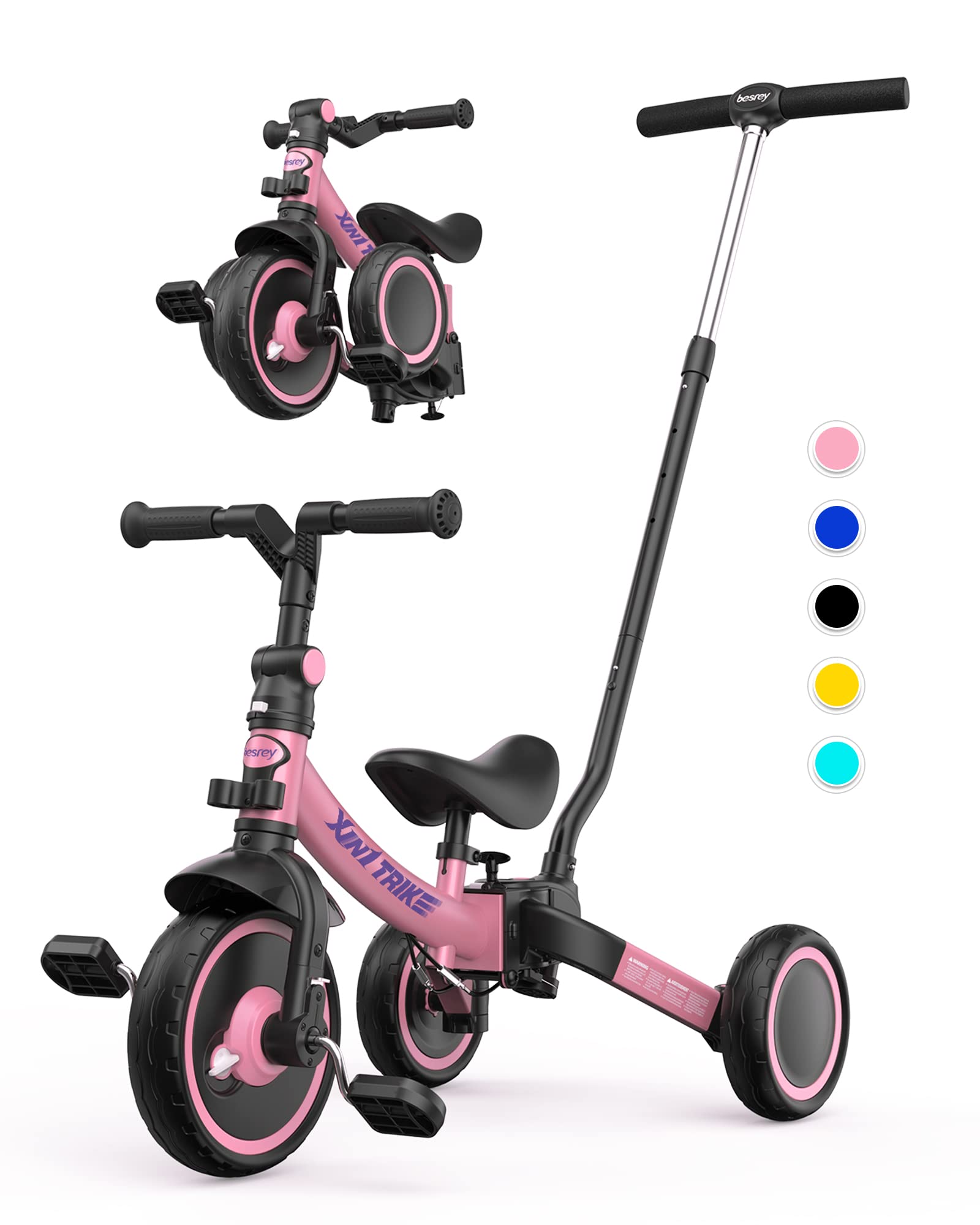 besrey 7-in-1 toddler tricycle in pink with adjustable seat, removable pedals, and parent steering push handle.