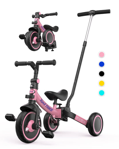 besrey 7-in-1 toddler tricycle in pink with adjustable seat, removable pedals, and parent steering push handle.
