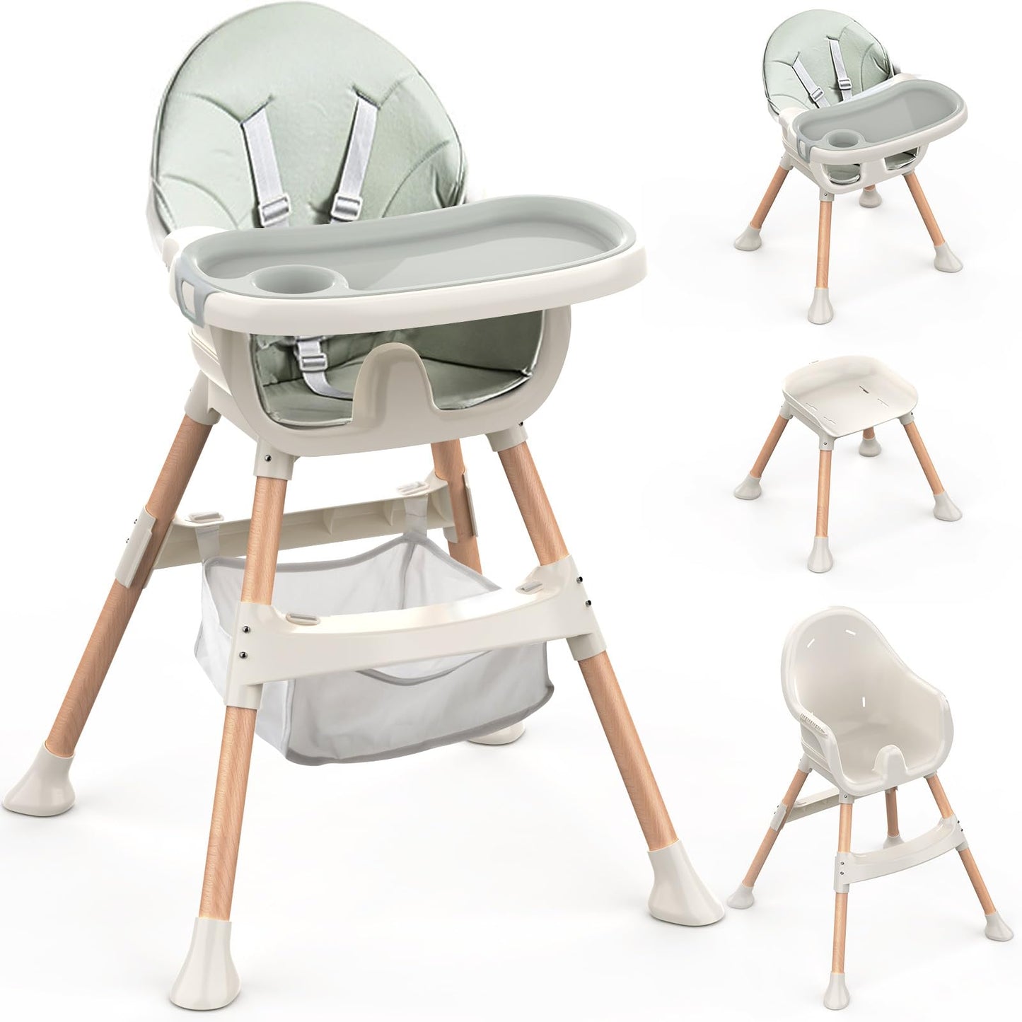 Green Sweetmirth 4-in-1 baby high chair with adjustable height, removable tray, ergonomic design, suitable for toddlers 6 months to 5 years.