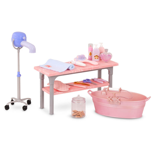 Our Generation pet grooming set featuring a bathtub and realistic grooming tools for pretend play with large pets.