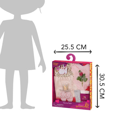 Deluxe ballerina outfit for 18-inch dolls, featuring a headband crown and accessories in a 7-piece set by Our Generation.