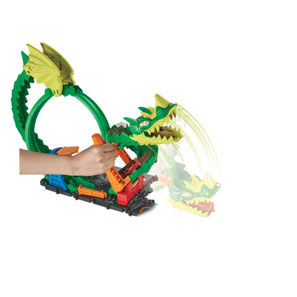 Hot Wheels City Dragon Drive Firefight Playset, Defeat the Dragon with Stunts, Connects to Other Sets, Includes 1 Hot Wheels Toy Car, Gift for Kids 3 to 8 Years Old, HJV70