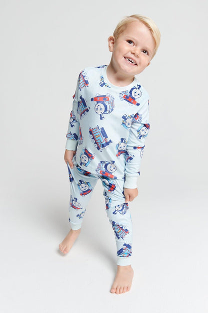Thomas The Tank Engine Boys Pyjamas- Fleece Twosie - Official Two Piece Set with Long Sleeve Top & Cuffed Bottoms - Super Soft and Cosy Nightwear Gift- Ages 1-5 Years Blue