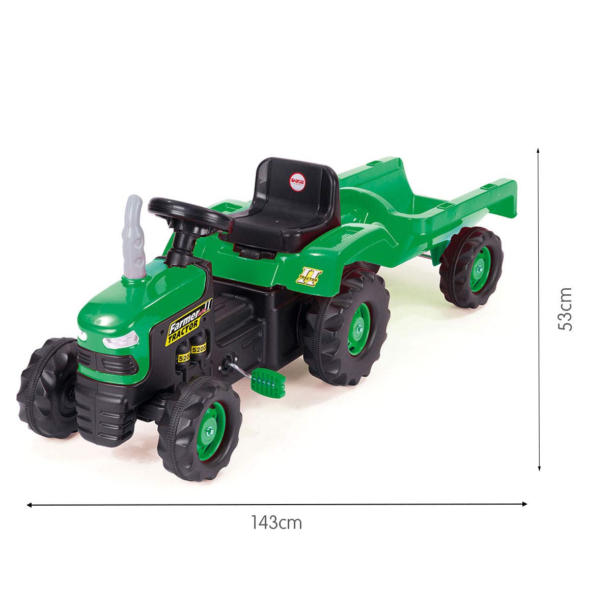 Dolu 8053 green and black children's ride-on tractor with trailer, working horns, pedals, and realistic beeping sound for kids aged 3-5.