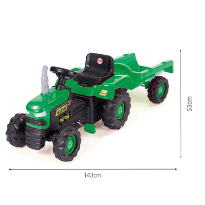 Dolu 8053 green and black children's ride-on tractor with trailer, working horns, pedals, and realistic beeping sound for kids aged 3-5.