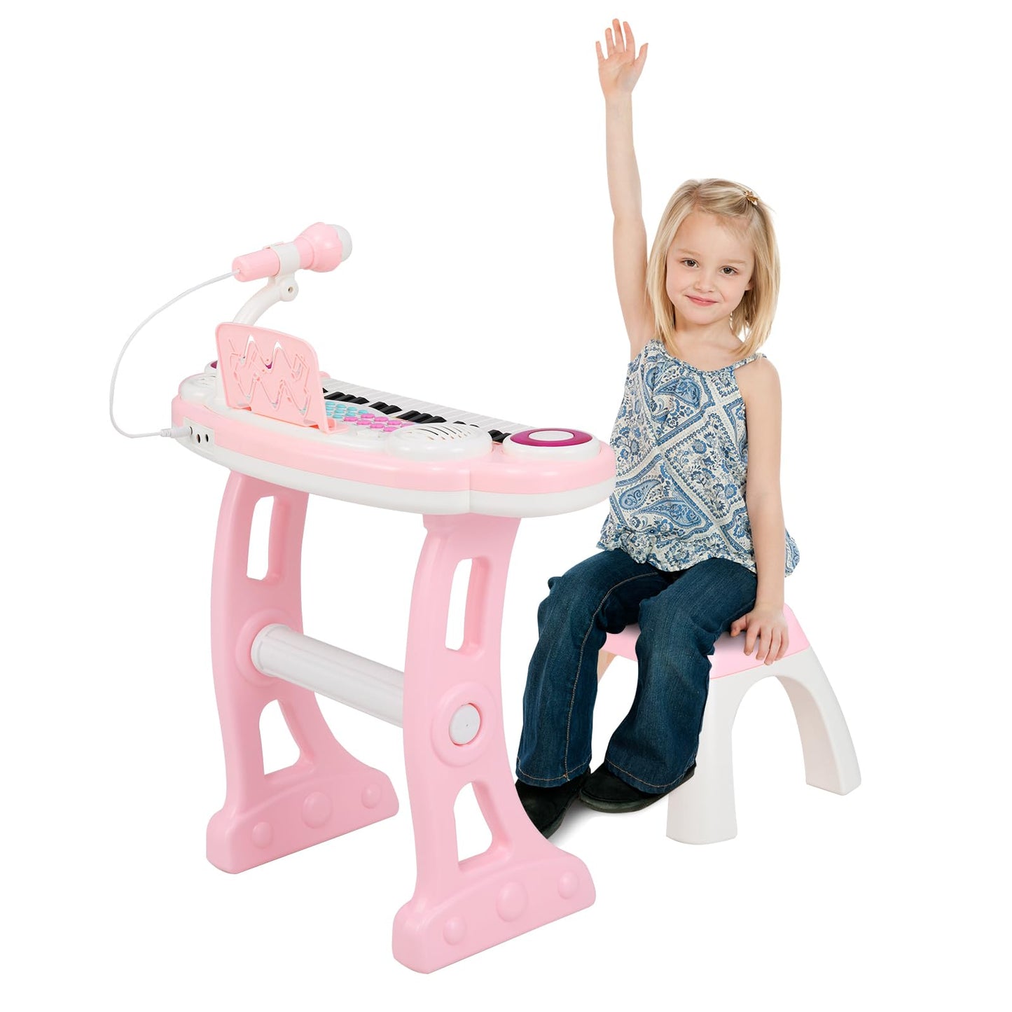 Pink Maxmass 37-key kids electronic piano with stool, microphone, flashing lights, music score, and record/playback features.