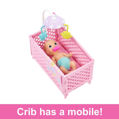 Barbie Skipper Babysitters Inc crib toy playset with Skipper doll, baby doll with sleepy eyes, furniture, and accessories.