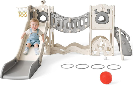 7 in 1Toddler Slide, Non-toxic HDPE material Christmas Elk Theme large slide with basketball hoop climbing frame for the garden telescope storage space educational toys For Toddlers Age 1-3 Year