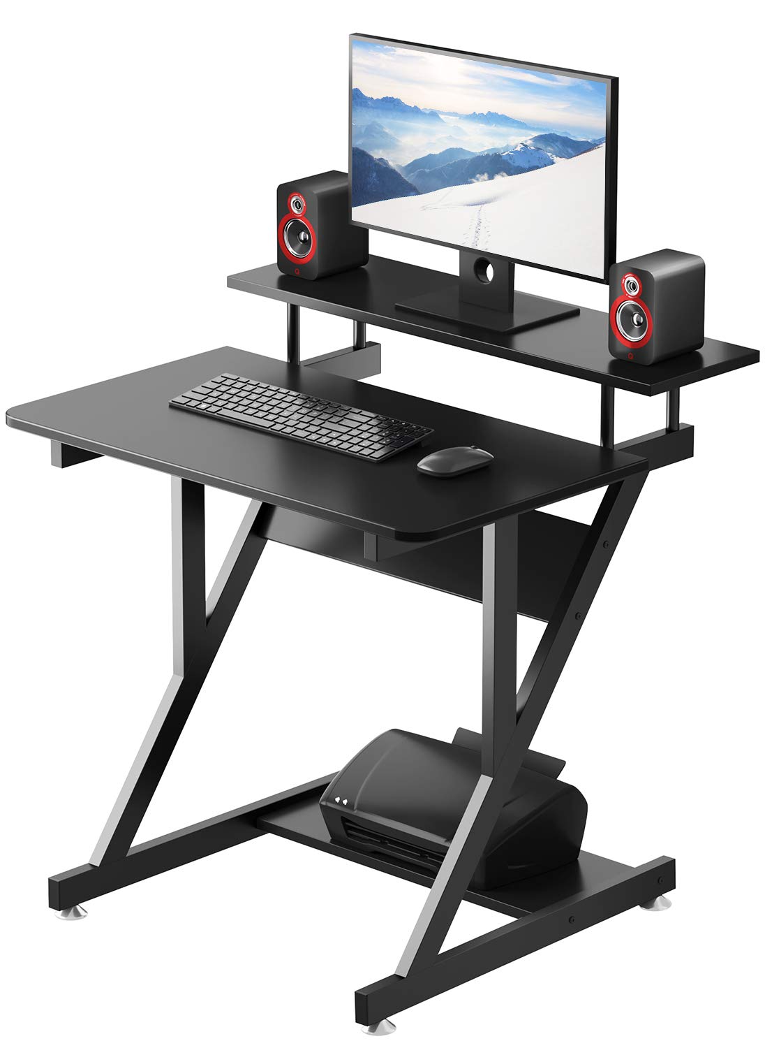 Dripex black Z-shaped computer desk with monitor shelf and storage shelves, mobile wheels, compact corner design for small home offices.