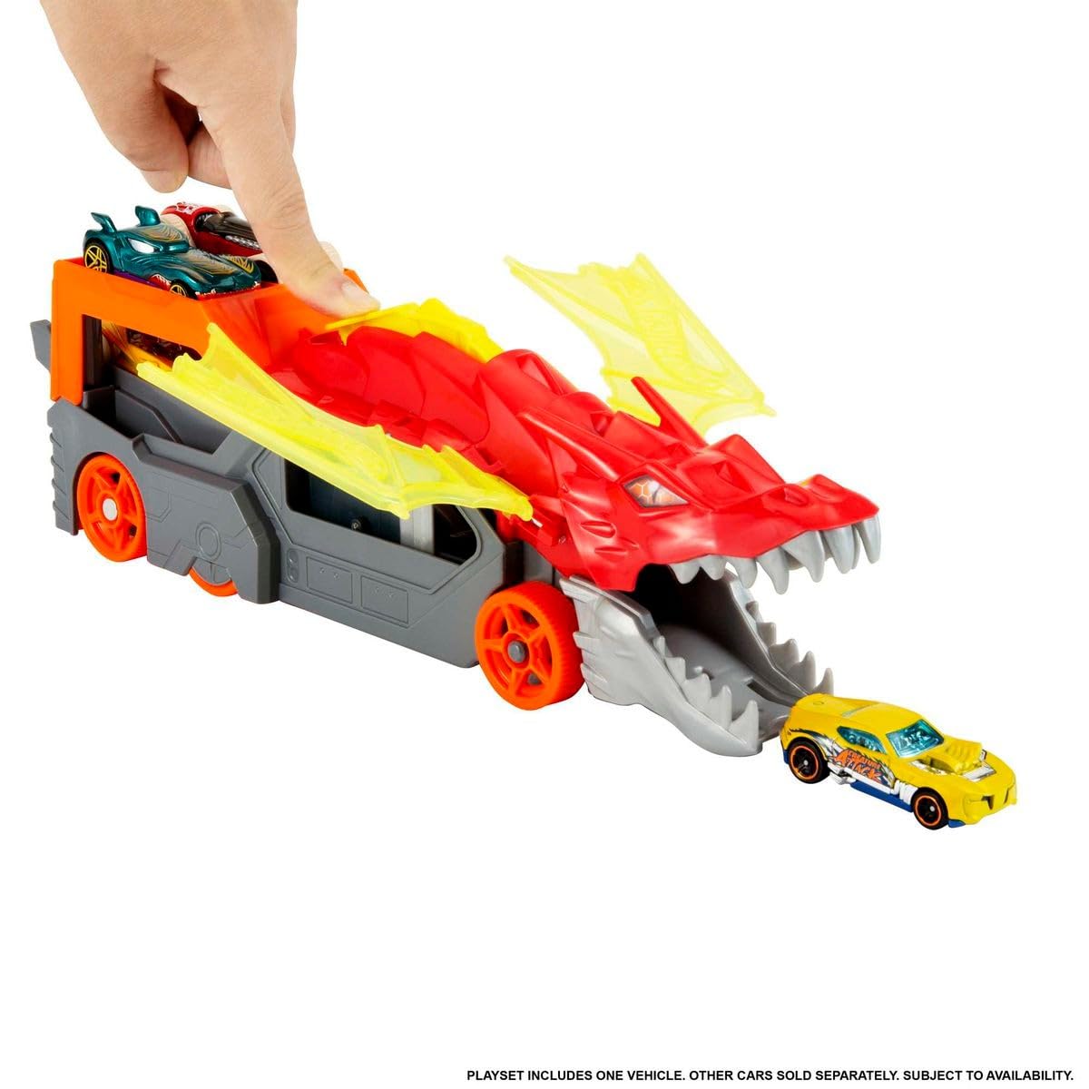 Hot Wheels Dragon Launch Transporter with a vibrant dragon design and a car ramp for launching toy cars.