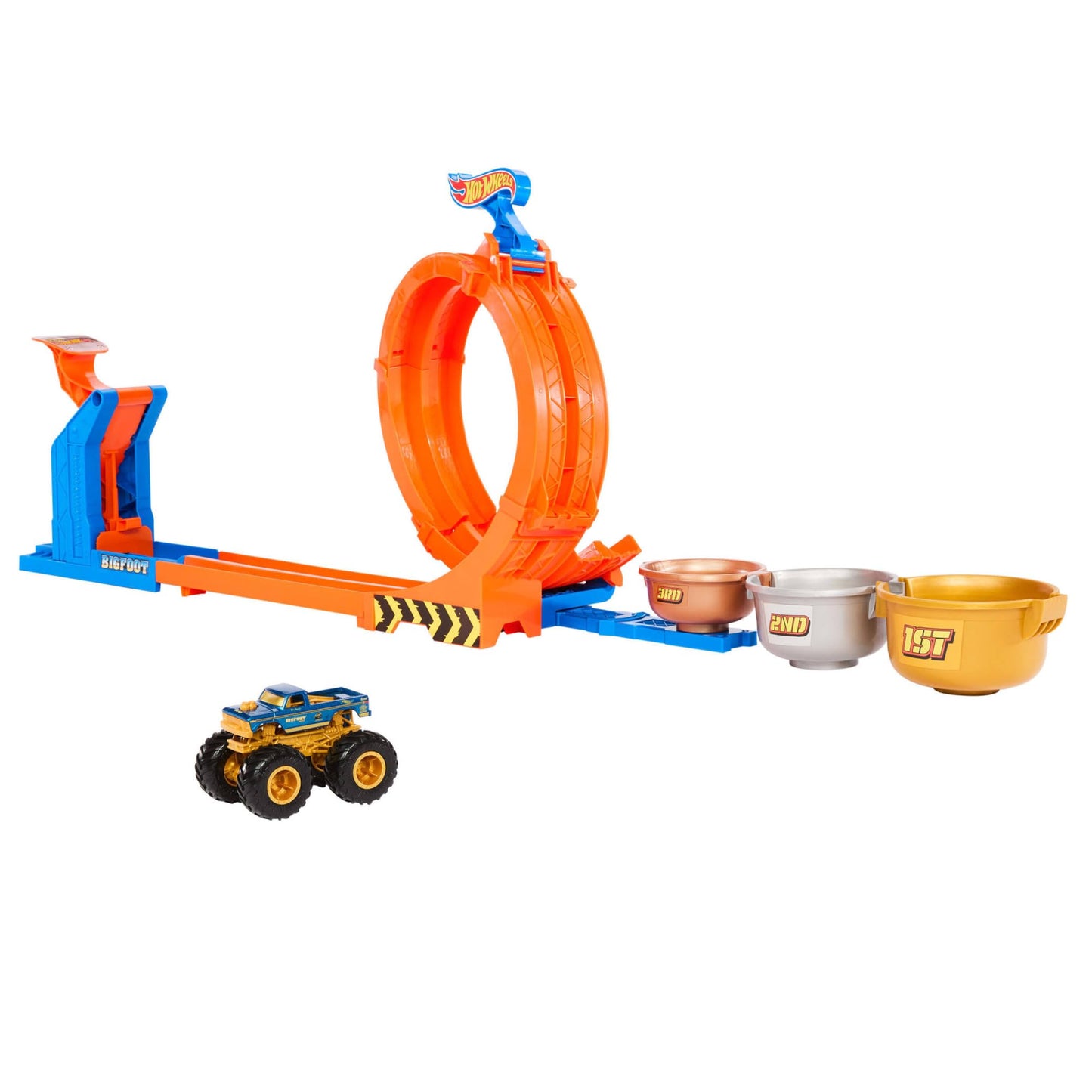 Hot Wheels Monster Trucks toy truck and track set featuring Loop-And-Flip Trophy Challenge with 1:64 scale Bigfoot.