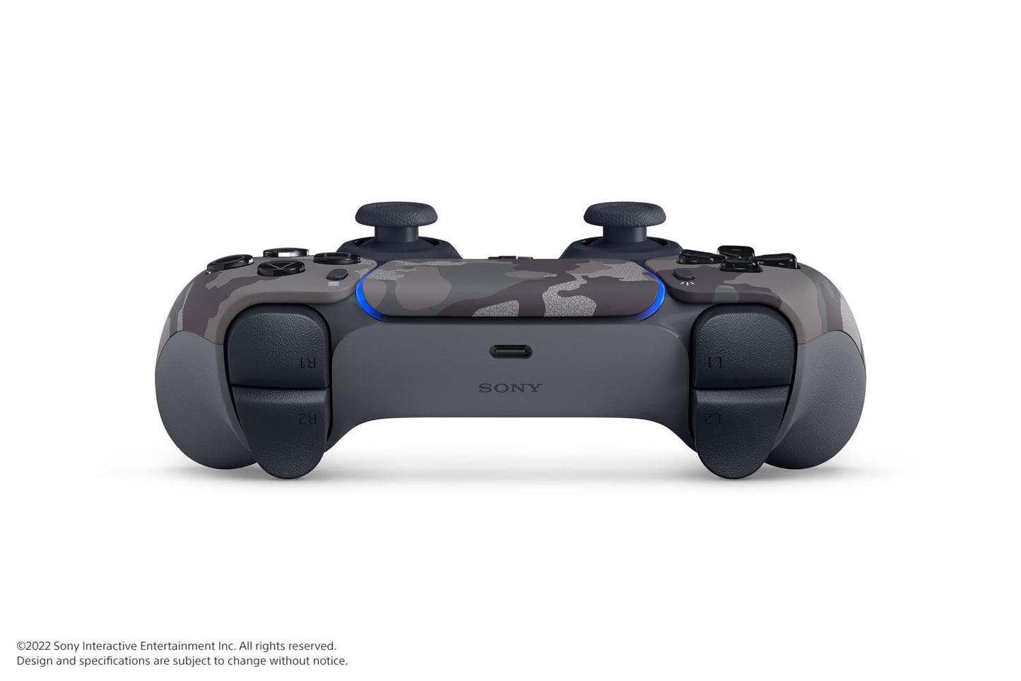 Sony PlayStation 5 DualSense wireless controller in gray camouflage design, featuring ergonomic buttons and textured grips for PS5 gaming.