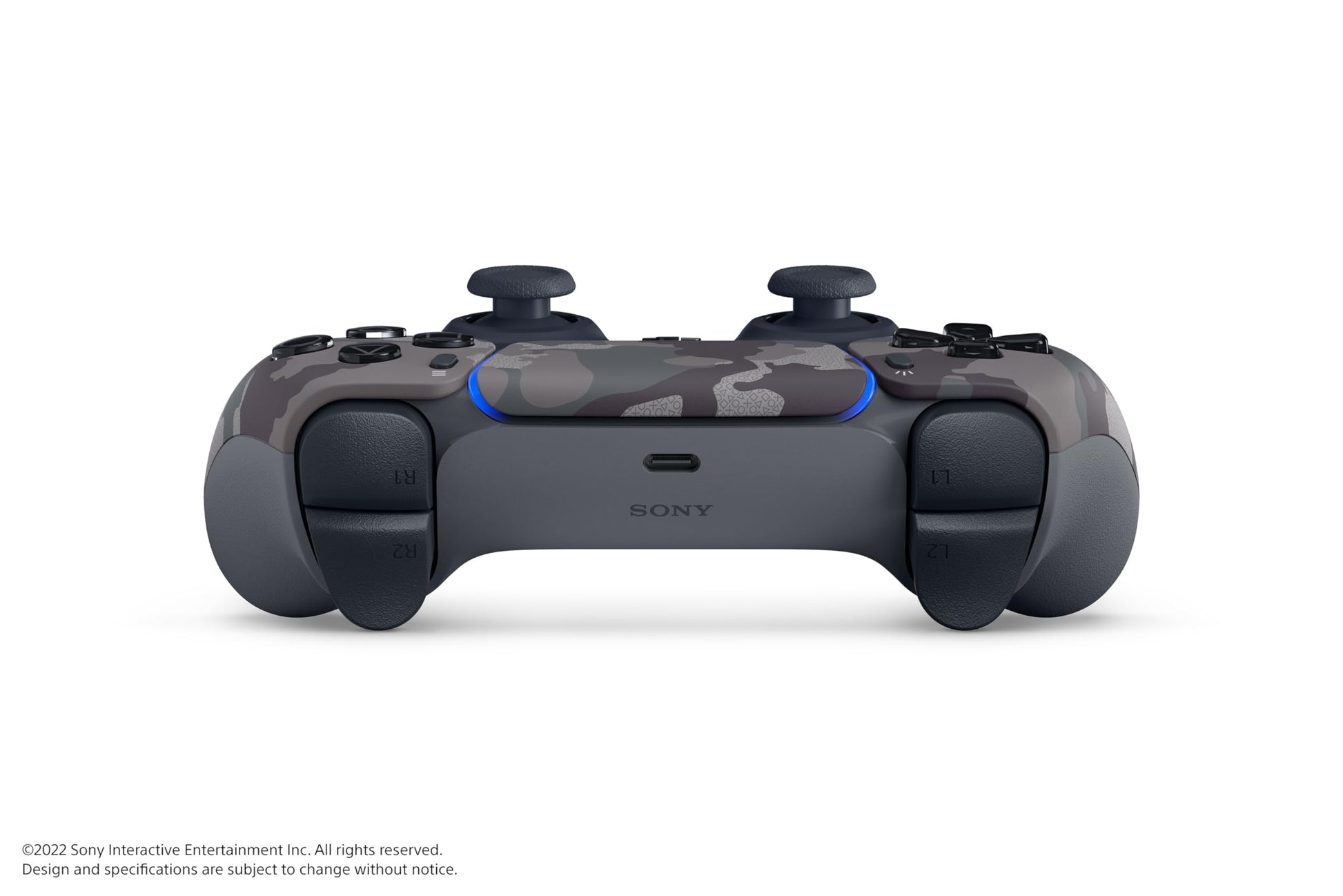 Sony PlayStation 5 DualSense wireless controller in gray camouflage design, featuring ergonomic buttons and textured grips for PS5 gaming.
