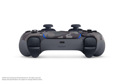 Sony PlayStation 5 DualSense wireless controller in gray camouflage design, featuring ergonomic buttons and textured grips for PS5 gaming.