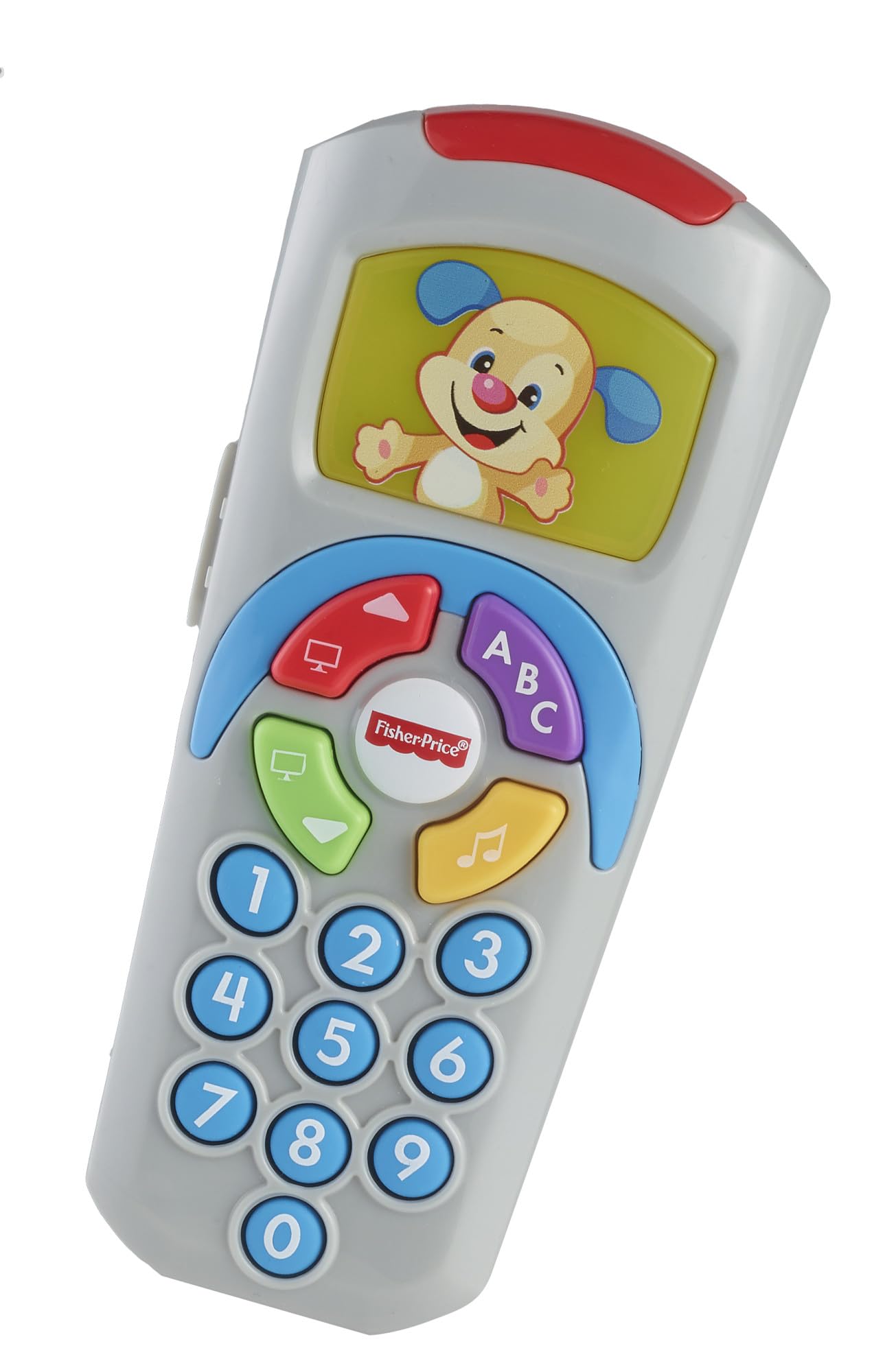 Fisher-Price Laugh and Learn remote toy for babies with light-up screen, push buttons, and 35+ sing-along songs for early development.