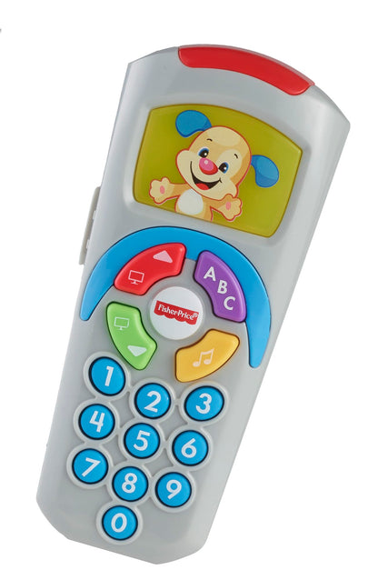 Fisher-Price Laugh and Learn remote toy for babies with light-up screen, push buttons, and 35+ sing-along songs for early development.