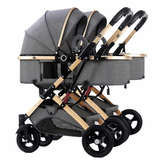 Double Baby Stroller for Infant and Toddler Reversible Bassinet Twins Pram,Detachable Pushchair Multi-Position Reclining Seats,Folding Prams Trolley (Color : Gray)