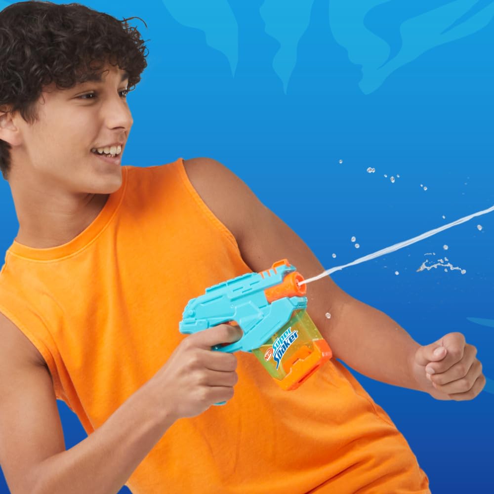 Super Soaker Mini Dunk-Fill water blaster for kids aged 6+, compact toy water gun with bright colors and splash features.