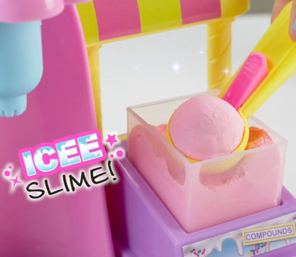 Pink fluffy slime ice cream sundae with colorful decorations, accessories, and a clear container, made by So Slime DIY Fluffy Ice Cream Factory
