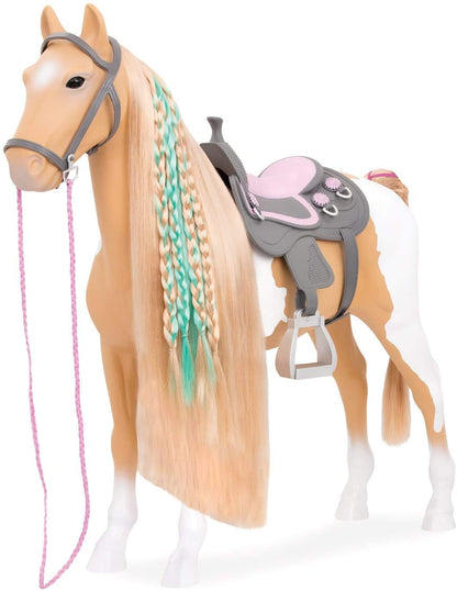 Our Generation bd38030z Palomino Pain toy play horse with beige and white coat, saddle, bridle, hairbrush, ribbons, and green hair extension