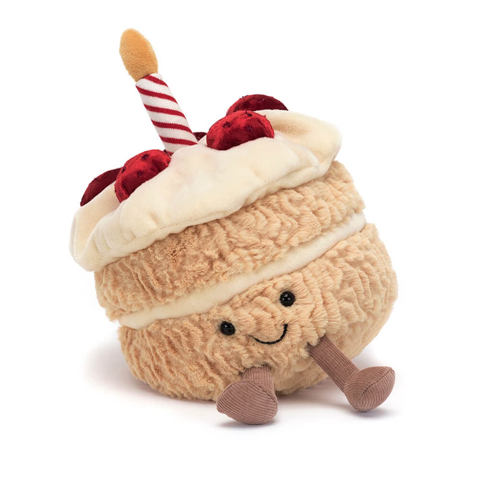 Amuseable Birthday Cake plush decoration by Jellycat with a cute smiling face and colorful frosting details.