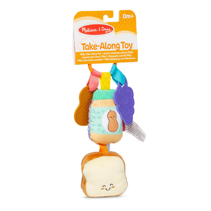 Melissa & Doug multi-sensory PB&J take-along clip-on baby toy with colorful textures for infants and toddlers.