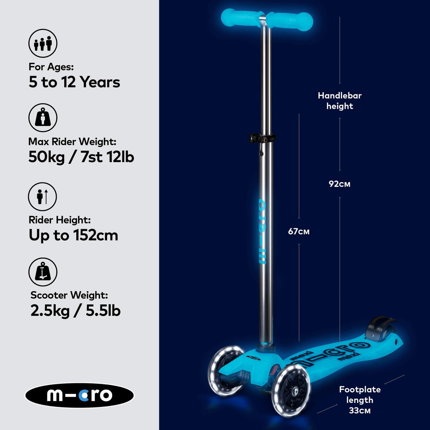 Micro Scooters | Maxi Micro Deluxe LED Children's Scooter | Handlebar Adjustable | Light Up Wheels | Glow In The Dark | Boys & Girls | 5-12yrs | Crystal Blue