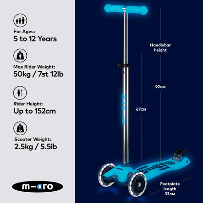 Micro Scooters | Maxi Micro Deluxe LED Children's Scooter | Handlebar Adjustable | Light Up Wheels | Glow In The Dark | Boys & Girls | 5-12yrs | Crystal Blue